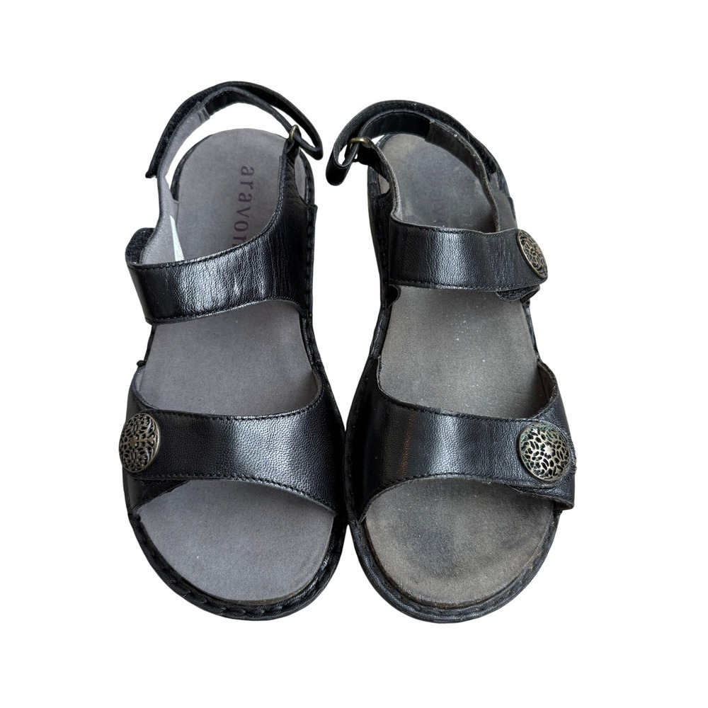 Aravon Size 8 Womens Black Leather Medallion‎ Comfort Sandals Adjustable Straps